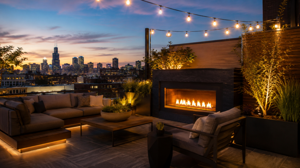 Luxury Chicago Roof Deck Lighting at Dusk