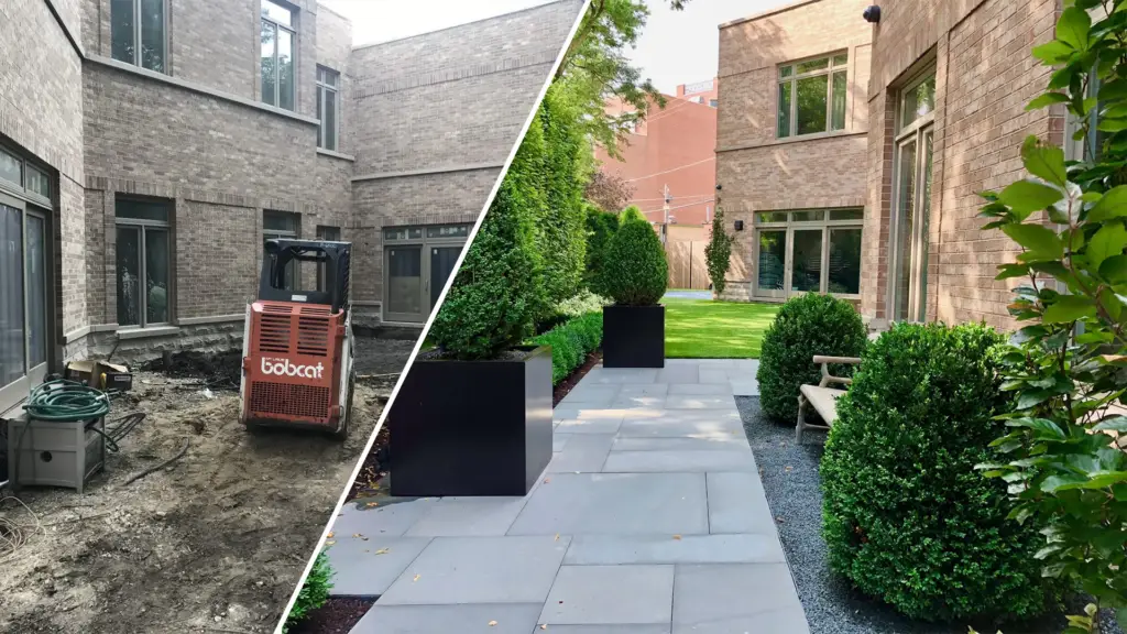 Split image showing a courtyard before and after landscaping: on the left, bare dirt with a Bobcat skid steer during construction; on the right, the same space finished with bluestone pavers, black square planters, trimmed hedges, and a lush green lawn between brick townhomes.