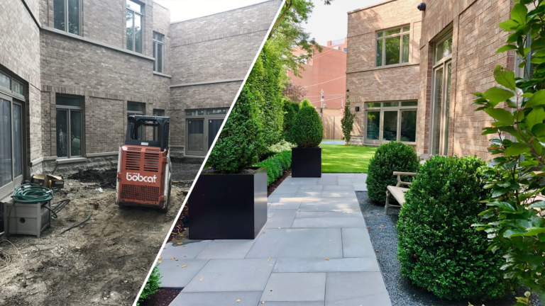 Split image showing a courtyard before and after landscaping: on the left, bare dirt with a Bobcat skid steer during construction; on the right, the same space finished with bluestone pavers, black square planters, trimmed hedges, and a lush green lawn between brick townhomes.